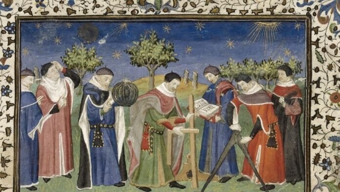 الكنيسة كانت تصادر كل الفضاءات حتى ظهور العلمانية في القرن السابع عشر- لوحة علم الفلك والهندسة 1420 من المكتبة البريطانية